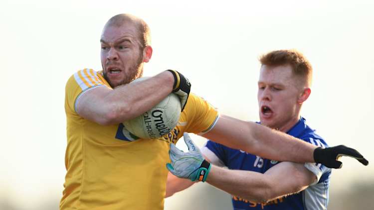 Sean McVeigh, Antrim, and Bryan Magee, Cavan, in Dr McKenna Cup action.