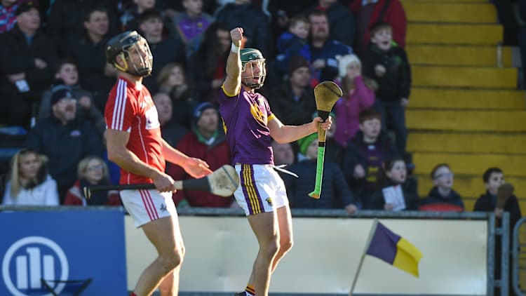 Wexford's Harry Kehoe celebrates his late point against Cork during the Allianz Hurling League Division 1A Round 2 match at Innovate Wexford Park