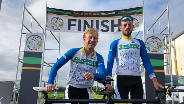 Peter Ryan (l) and Sean Hahessy pictured after completing the 2,157 kilometre Race Around Ireland on their tandem bicycle.