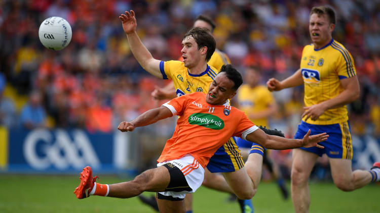 Jemar Hall, Armagh, and David Murray, Roscommon, in action at O'Moore Park, Portlaoise.