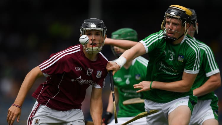 Dean Reilly of Galway in action against Ben Herlihy of Limerick during the Electric Ireland GAA Hurling All-Ireland Minor Championship Quarter-Final match between Galway and Limerick at Semple Stadium in Thurles, Co Tipperary.