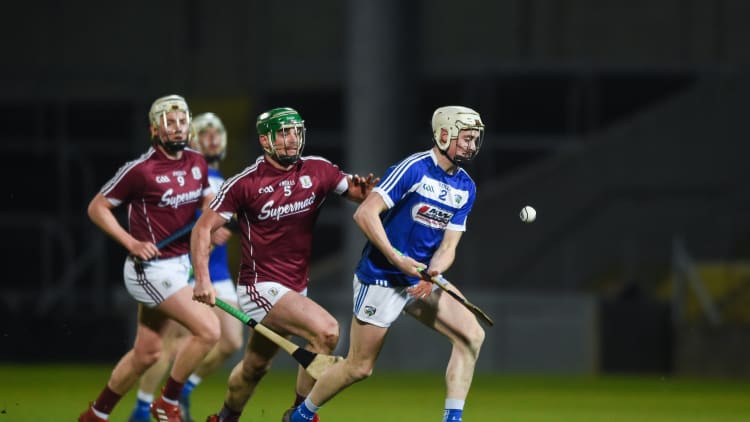 Cian Taylor, Laois, and Greg Lally, Galway, in action at Portlaoise.