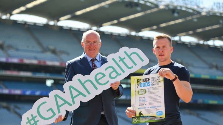 Uachtarán Chumann Lúthchleas Gael, John Horan, and Galway hurler Davey Glennon pictured at the launch of the 'Reduce the Odds' Gambling awareness campaign in Croke Park.