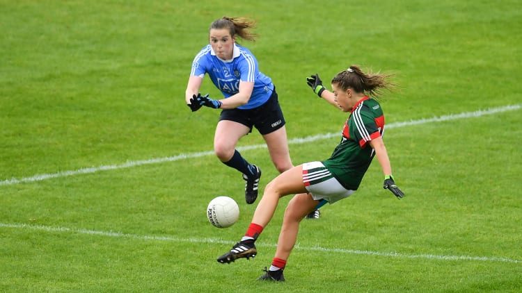 Sarah Rowe, Mayo, and Deirdre Murphy, Dublin, in All Ireland Ladies Senior Championship action at Dr Hyde Park in July.