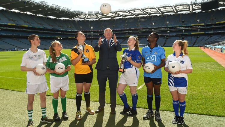 Uachtarán Chumann Lúthchleas Gael John Horan, with from left, Dylan Melia, Caitlin Mulligan, Teo Marris, Casey Fulton, Ywon Ibikunle and Aoibheann Brennan at the launch of the M. Donnelly GAA Football for ALL Interprovincial Finals at Croke Park in Dublin.