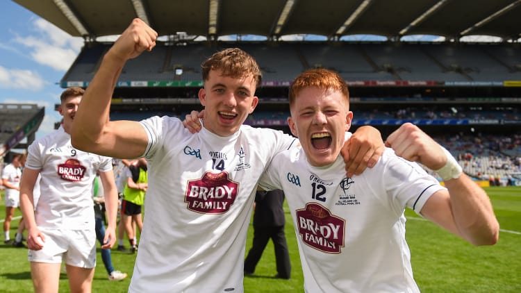 Brian McLoughlin (left) and Tony Archbold of Kildare celebrate after victory over Mayo in the EirGrid All-Ireland U-20 Football Final.