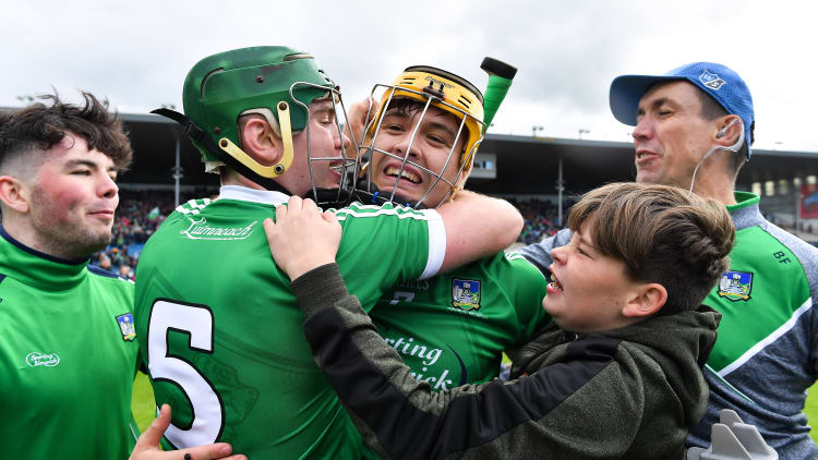 Ronan Lynch and Thomas Grimes celebrate after Limerick defeated Kilkenny at Semple Stadium on Saturday.
