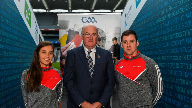 Cork Camogie player Julia White, Uachtarán Chumann Lúthchleas Gael John Horan, and former Clare hurler Colin Ryan pictured at the launch of the GAA/PDST Future Leaders TY Programme at Croke Park.
