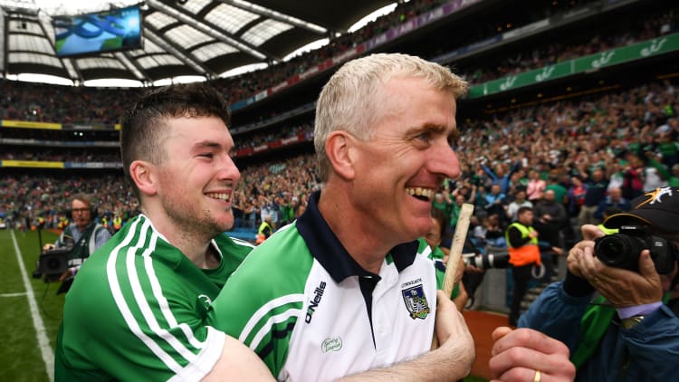 Limerick captain Declan Hannon and manager John Kiely celebrate at Croke Park.