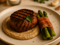 Grilled Angus Eye Fillet with Porcini Purée and Prosciutto-Wrapped Asparagus