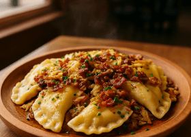 Potato & Cheddar Pierogi with Caramelized Cabbage and Bacon Butter