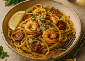 Linguine with Garlic Prawns and Spanish Chorizo
