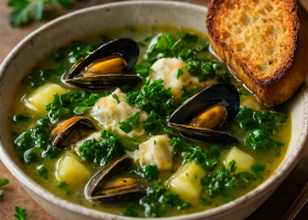 Portuguese Kale and Seafood Chowder with Cod