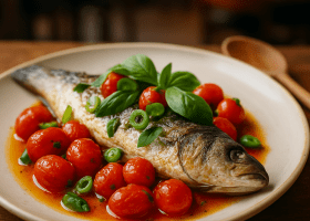 Oven-Baked Sea Bass with Cherry Tomatoes and Basil