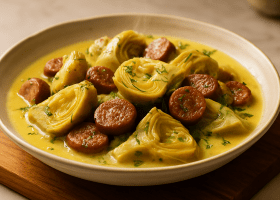 Artichokes Avgolemono with Sausage
