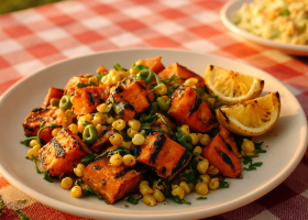 Grilled Sweet Potato and Corn Salad with Poblano Dressing