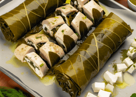 Mediterranean Herb-Infused Chicken Rolls with Vine Leaves & Galotyri
