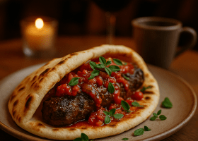 Adana Kebab with Naan and Spicy Tomato Sauce
