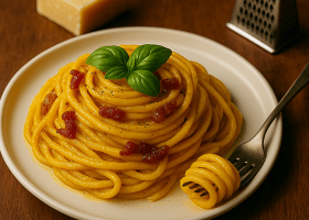 Creamy Saffron Spaghettoni with Crispy Guanciale