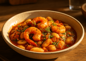 Greek-Style Giant Beans with Shrimp and Ouzo