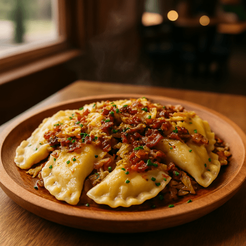 Image for Potato & Cheddar Pierogi with Caramelized Cabbage and Bacon Butter
