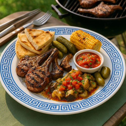 Image for Greek-Style Grilled Lamb Chops with Smoky Eggplant & Tomato Vinaigrette
