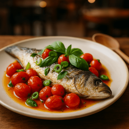 Image for Oven-Baked Sea Bass with Cherry Tomatoes and Basil