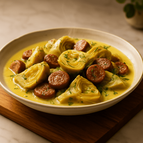 Image for Artichokes Avgolemono with Sausage