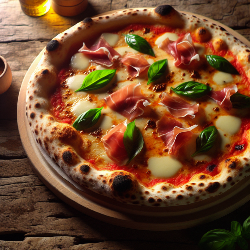 Image for Cheese, Prosciutto, and Basil Pizza