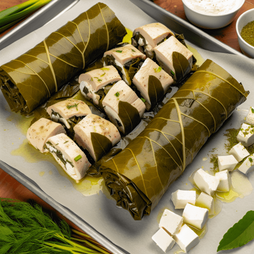 Image for Mediterranean Herb-Infused Chicken Rolls with Vine Leaves & Galotyri