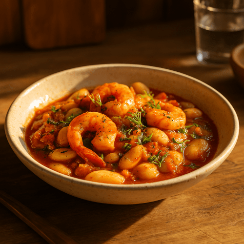Image for Greek-Style Giant Beans with Shrimp and Ouzo