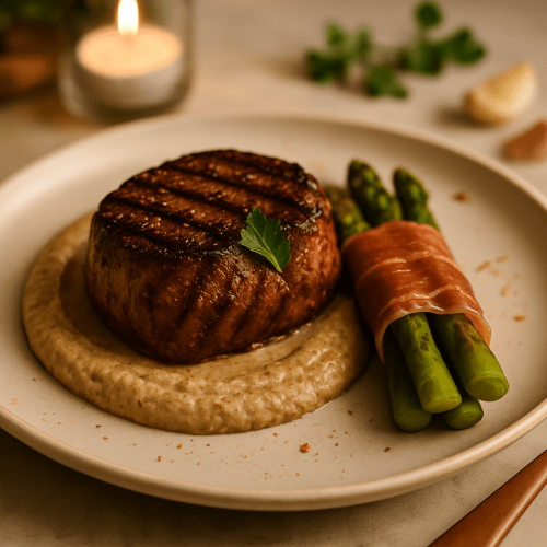 Image for Grilled Angus Eye Fillet with Porcini Purée and Prosciutto-Wrapped Asparagus