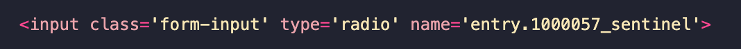 A screenshot displaying a line of HTML code. The code represents an input element with a class of 'form-input', the type attribute set to 'radio', and the name attribute given as 'entry.1000057_sentinel'. This line of code is typically used to create a radio button for a web form, allowing users to select from multiple options.