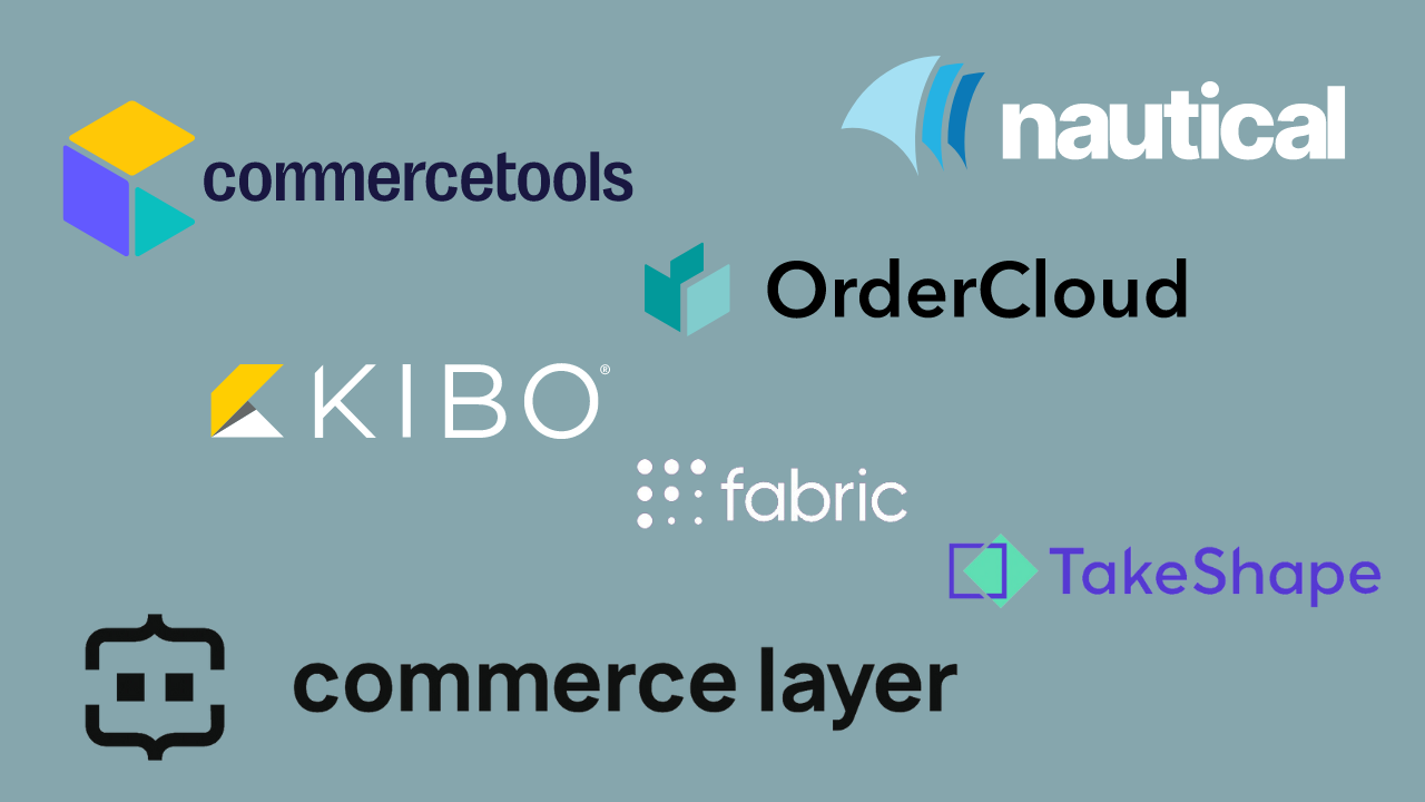 An image featuring logos of various e-commerce platforms. From top left to bottom right: commercetools with a cube logo, KIBO with a yellow and black design, OrderCloud with a turquoise fold, fabric with a dotted design, commerce layer with a simple square logo, nautical with a blue wave symbol, and TakeShape with a purple bracket design. The background is a flat grey color.