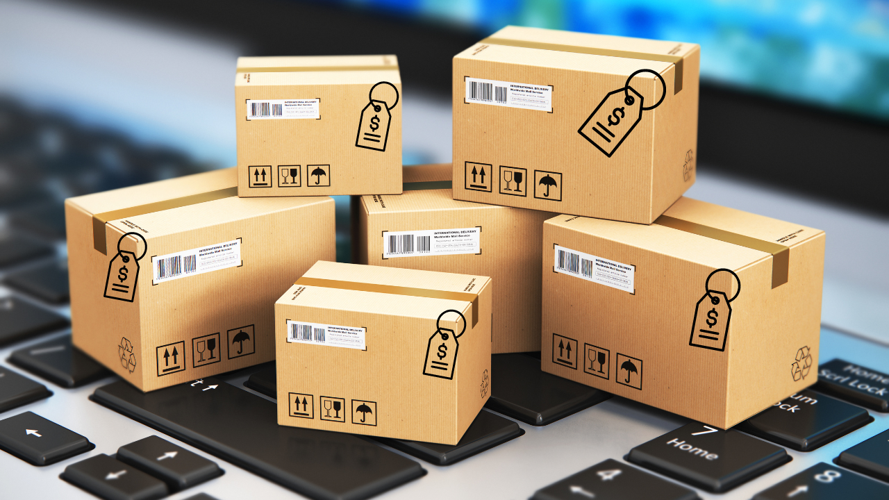 Boxes with price tags delivered and placed on the laptop keyboard