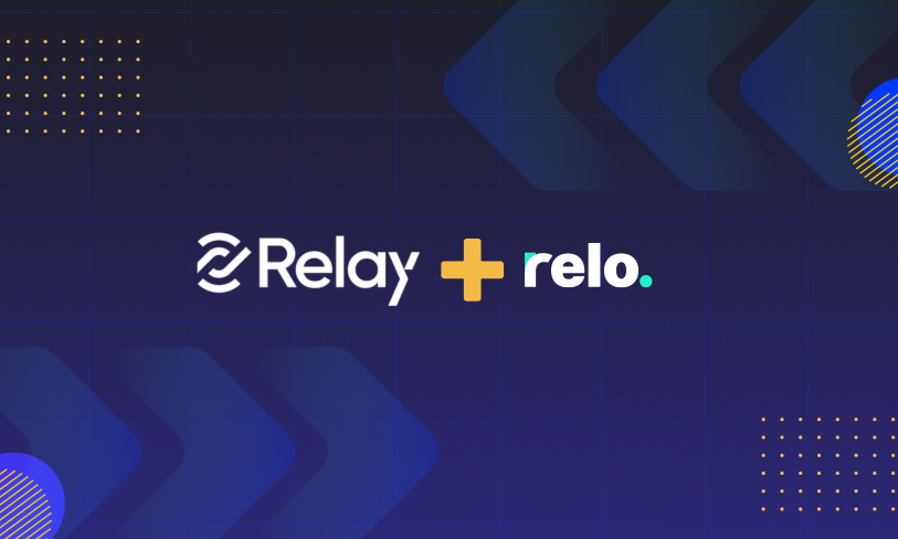 Graphic showing a partnership between Relay and relo with their logos overlaid on a dynamic geometric patterned blue background.