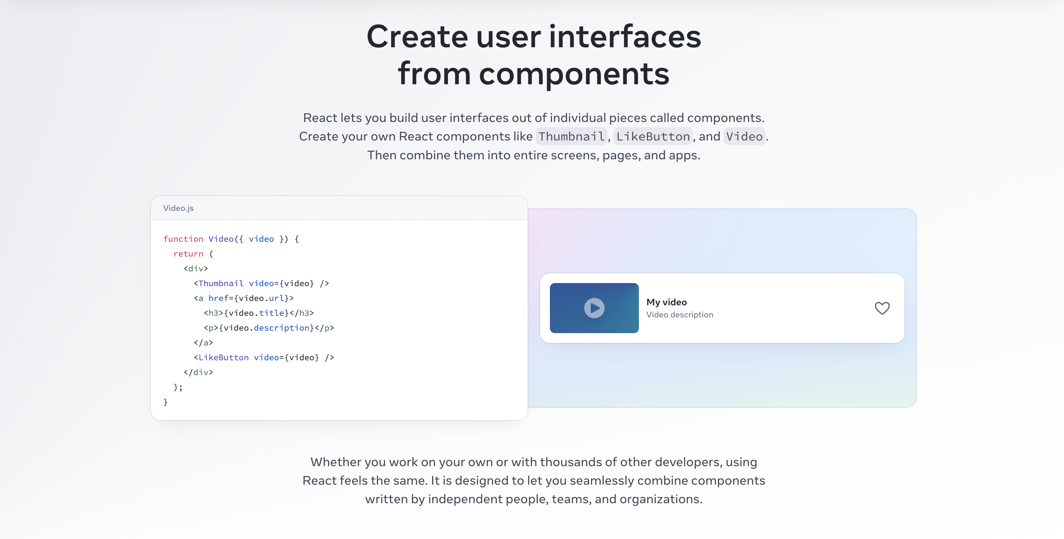 A promotional image for React, a JavaScript library for building user interfaces. The left side shows a snippet of code titled 'Video.js' with a React functional component that renders a video player. The right side displays a simulated interface with a stylized video player card showing a play button, the title 'My video', and a placeholder for a video description. Above, a headline reads 'Create user interfaces from components,' emphasizing React's component-based architecture. The text explains that React allows building user interfaces from individual components like 'Thumbnail', 'LikeButton', and 'Video' and can be combined into complete apps. The background is white with a light blue gradient overlay near the interface simulation.