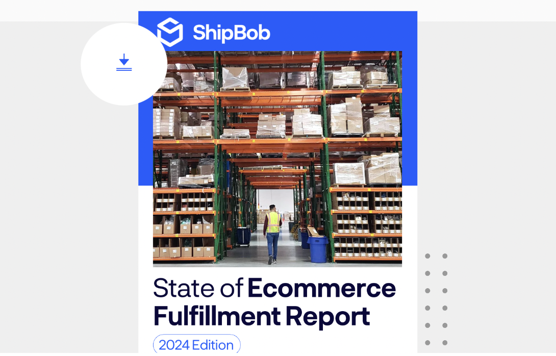  The image depicts a digital cover of a report titled "State of Ecommerce Fulfillment Report (2024 Edition)." The top left corner features the logo of ShipBob, suggesting that it is the company that has published or is associated with the report. The main visual is a photo of a warehouse with tall shelving stocked with numerous boxes, indicating an environment where goods are stored and managed for shipment. In the center of the warehouse aisle, there is a person wearing a safety vest walking away from the viewpoint, which adds a human element to the image and illustrates the scale of the operation. The color scheme is dominated by shades of blue and brown, with the ShipBob logo in blue, complementing the warehouse setting. There are three vertical dots on the right side, which often indicate more options or content is available, suggesting this image may be part of a slideshow or interactive content.