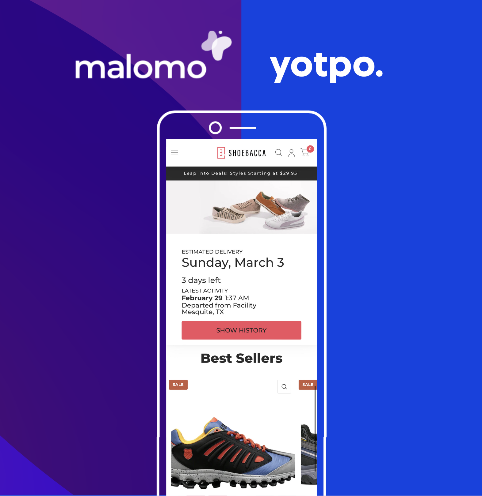 Mobile screen showing SHOEBACCA's delivery tracking interface with 'Estimated Delivery Sunday, March 3' and a display of shoes under 'Best Sellers'. The Malomo and Yotpo logos are positioned at the top on a purple background.