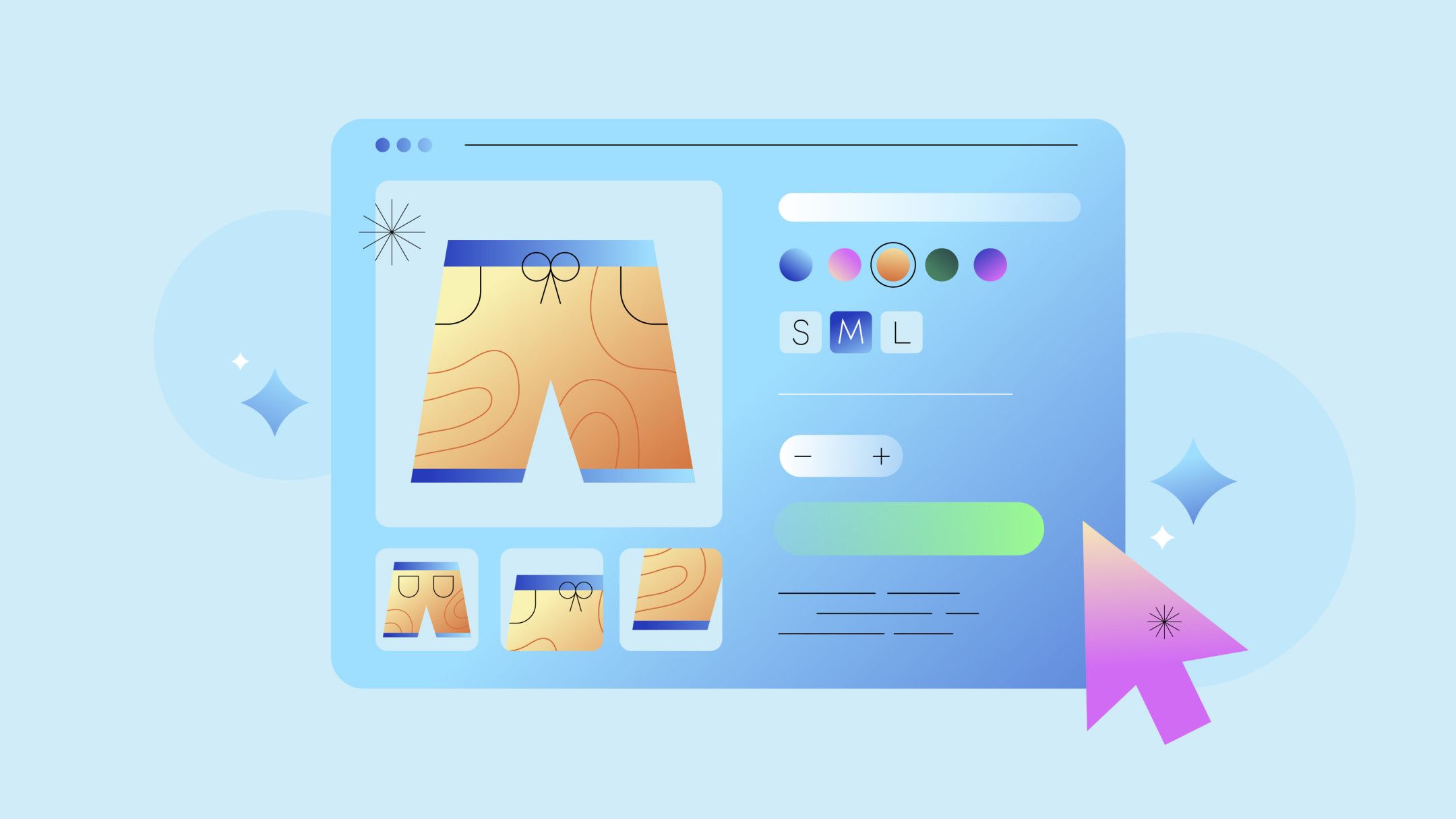 The image displays a stylized illustration of an online shopping interface, featuring a product page for swim shorts. In the center of the page, there's a large image of the shorts with abstract patterns in orange tones. To the right of the shorts, there are options to choose colors represented by colored circles, and size options labeled S, M, L. Below these, there's a quantity selector with a minus and plus sign, allowing the user to decrease or increase the number of items they wish to purchase. At the bottom of the interface, there are three smaller images of the shorts in different views, likely to show alternative angles to the shopper. On the bottom right corner, a pink cursor arrow with a starburst indicates a clickable area, possibly suggesting the location of a "buy" or "add to cart" button. The overall design has a playful and modern feel, with a pastel blue background that complements the summery vibe of the product.