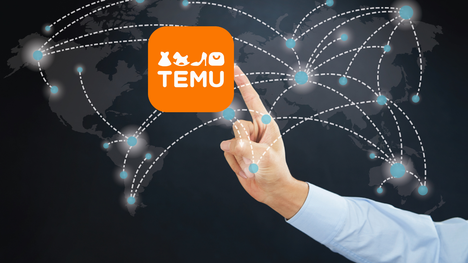 Global eCommerce concept with a person's hand interacting with a digital map showing connected routes across a dark world map. The logo of Temu, an orange square with stylized white text, is prominently displayed, symbolizing global reach and connectivity.