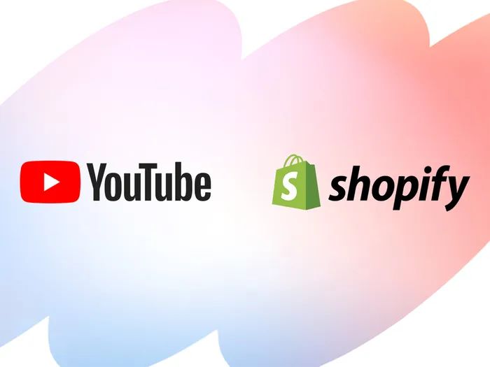 An abstract gradient background in light pink and light blue features the YouTube logo on the left and the Shopify logo on the right, symbolizing a partnership or integration between YouTube and Shopify.