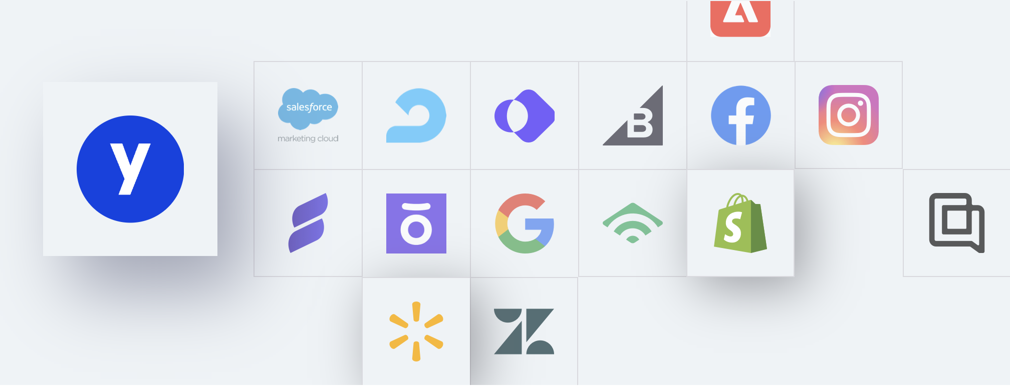 An image displaying a collection of icons representing various software platforms in the Yotpo Integrations Center. The prominent icons include Yotpo, Salesforce Marketing Cloud, and others representing services like content management, social media, and cloud computing. These icons are arranged in a grid pattern on a light background, implying a seamless connection between Yotpo and these diverse tools, emphasizing the extensive compatibility and potential for streamlined workflows within the digital marketing ecosystem.