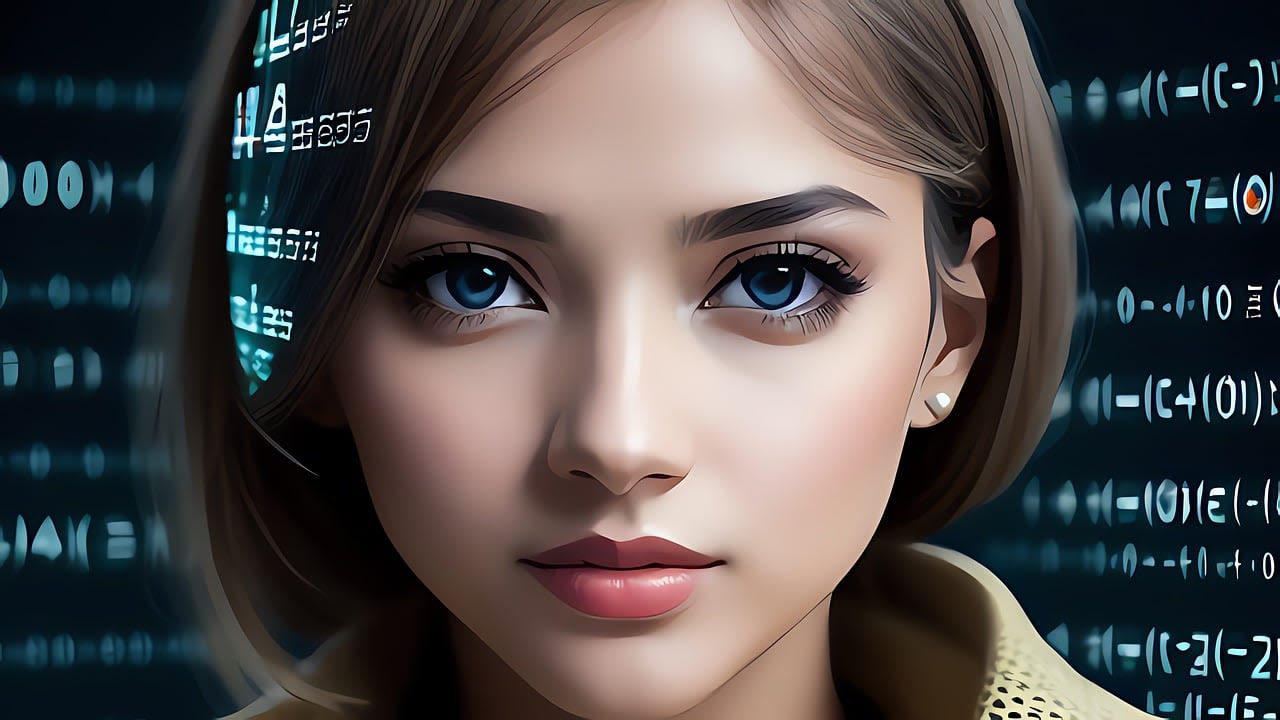 AI-Generated cyborg Girl with Blue eyes and codes behind her