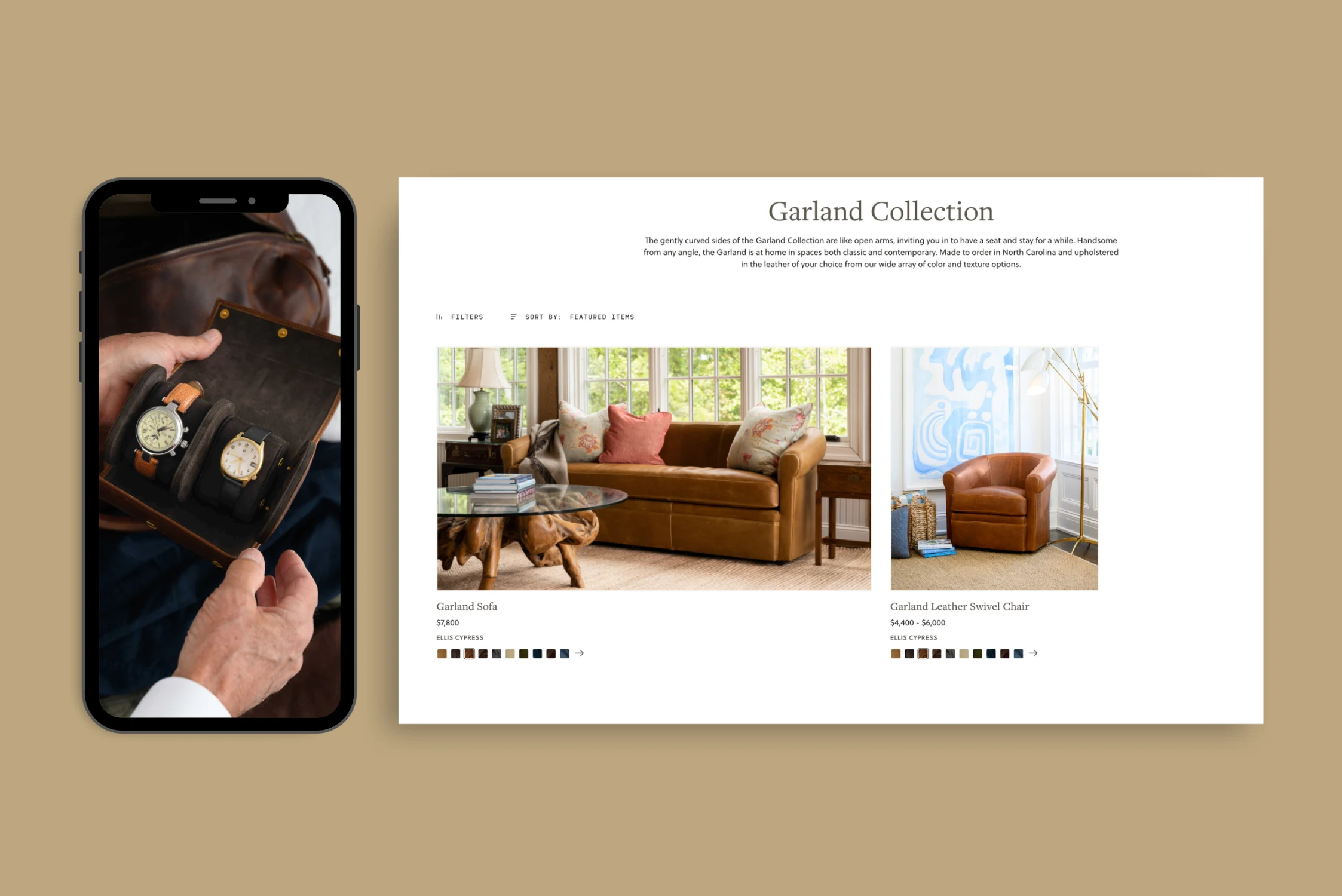 An online shopping interface displays the Garland Collection from Moore & Giles on a desktop and mobile screen. The desktop screen shows a plush brown leather sofa with a price tag, while the mobile screen shows two watches nestled in a leather case.