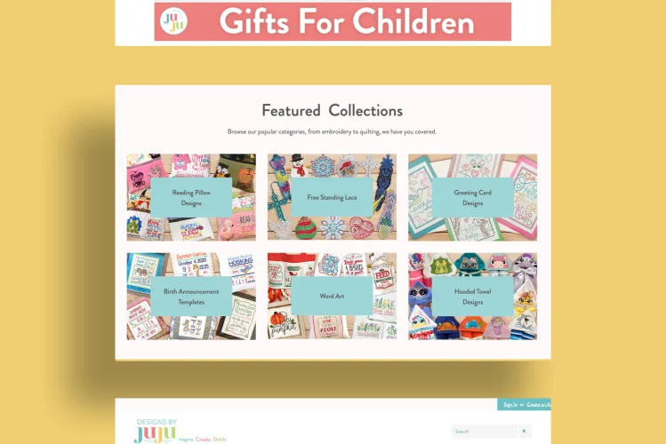 Multiple screenshots of the Designs by JuJu website showcasing different sections like gift collections, featured products, and promotional sales.