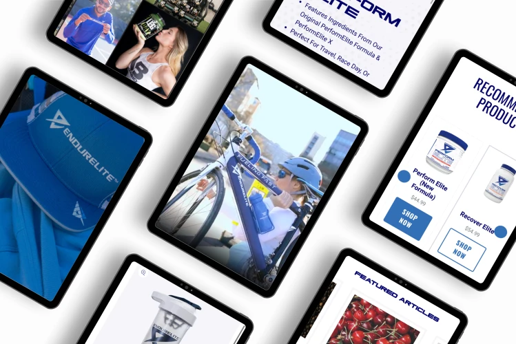 A digital montage showing various EndurElite branded products and content on different devices. There's a tablet displaying a blue EndurElite cap, a smartphone showing a woman drinking from a branded bottle, and another smartphone capturing a cyclist in motion. A text excerpt on a tablet screen promotes a performance formula, while another tablet screen features product recommendations, including two supplement bottles with 'Shop Now' buttons. The montage suggests an active, sports-focused lifestyle associated with the EndurElite brand.