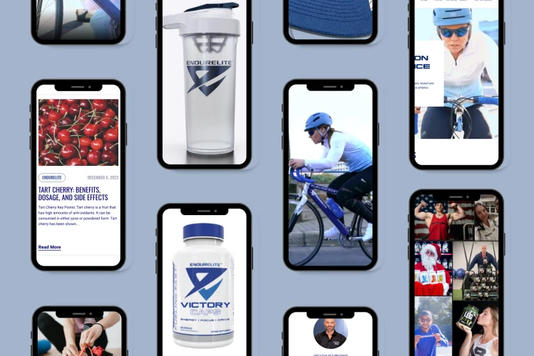 A collage featuring various EndurElite branded products and promotional content. There are multiple smartphone screenshots displaying articles about tart cherries and athletes, a clear water bottle with the EndurElite logo, a container of Victory Caps supplements, and people engaging in different activities. In one screenshot, a cyclist in motion is wearing a blue helmet and cycling attire. Other images include people lifting weights, someone dressed as Santa Claus, and individuals holding the brand's products, all suggesting a focus on fitness and health.