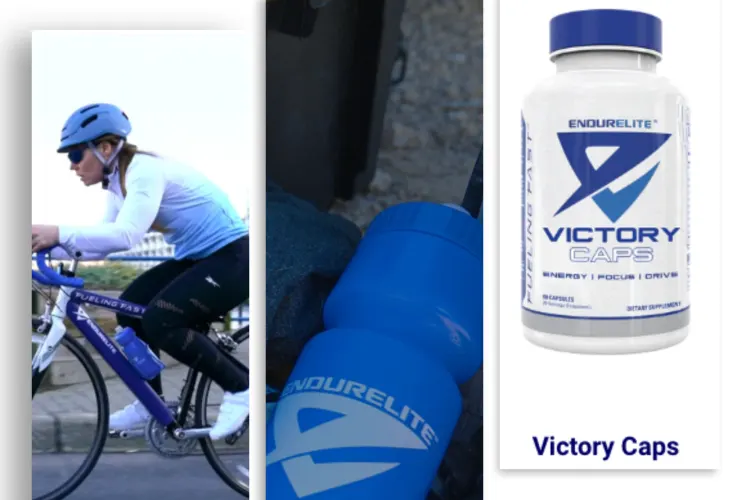 A composite image featuring EndurElite branded products and a cyclist. On the left, a cyclist in a blue helmet and white long-sleeved jersey is focused while riding a blue and white road bike. In the middle, two blue EndurElite branded shaker bottles are shown, with one bottle in front of the other, hinting at the brand's focus on sports nutrition. On the right, a bottle of 'Victory Caps' dietary supplements is displayed prominently with the name and logo visible, suggesting a product designed for athletic performance enhancement.