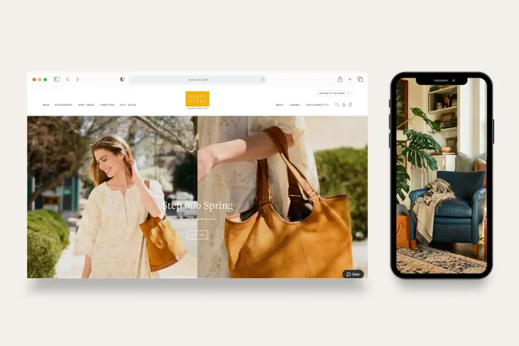 A dual display of Moore & Giles' web interface on desktop and mobile platforms. The desktop showcases a woman smiling and carrying a tan leather tote bag, while the mobile shows a close-up of the same image, with additional website navigational elements visible.